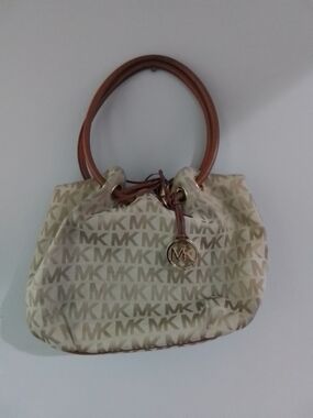 Michael Kors Cream MK Logo Shoulder Tote with Brown Handles
